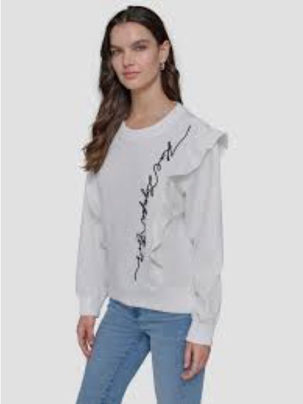 Karl Lagerfeld Paris women's white ruffle crewneck sweatshirt